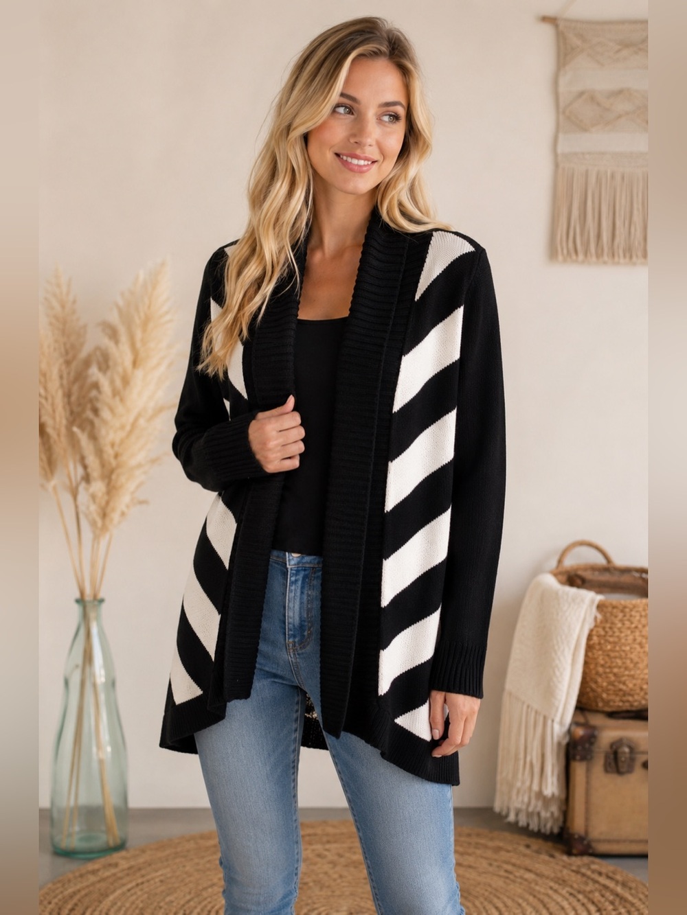 Pure Handknit Open-Front Black & White Diagonal Stripe Cardigan Sweater